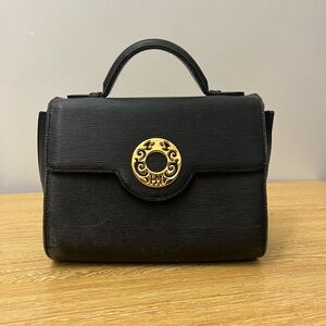 Hanae Mori Vintage Black Leather Handbag with Gold Accent